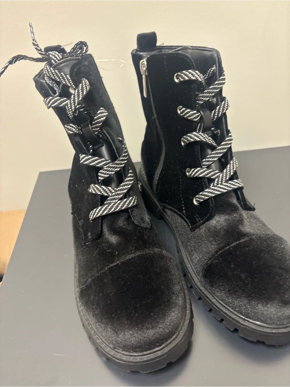 Women's Black Velvet Combat Boots with Contrast Laces
